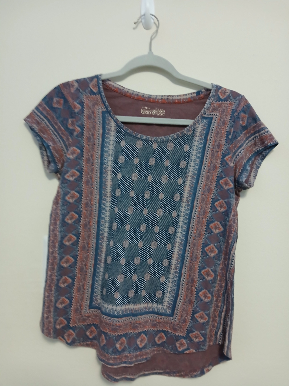Lucky Brand Blue and Rust Geometric Short Sleeve Tee